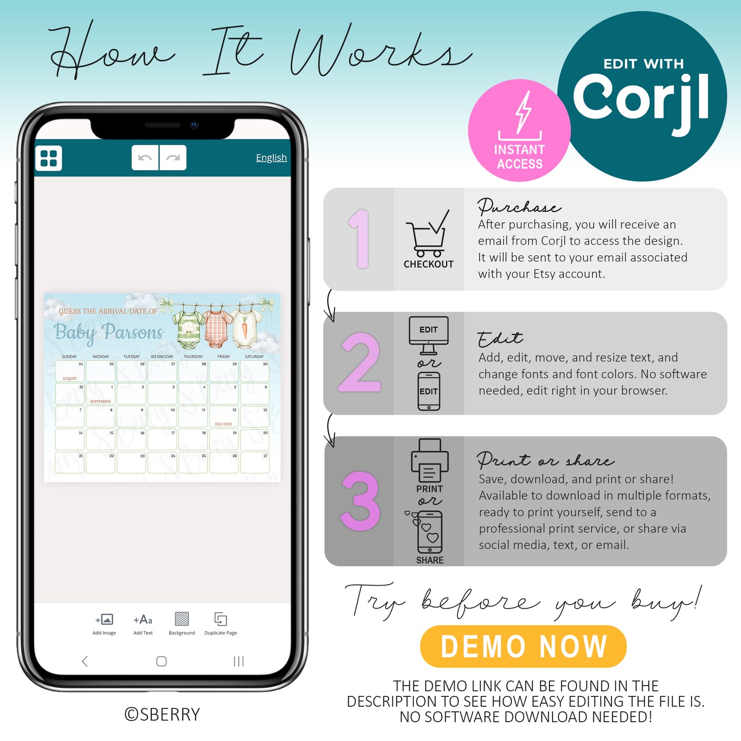How to edit baby shower game template Corjl prediction calendar printable baby due date sign instant download