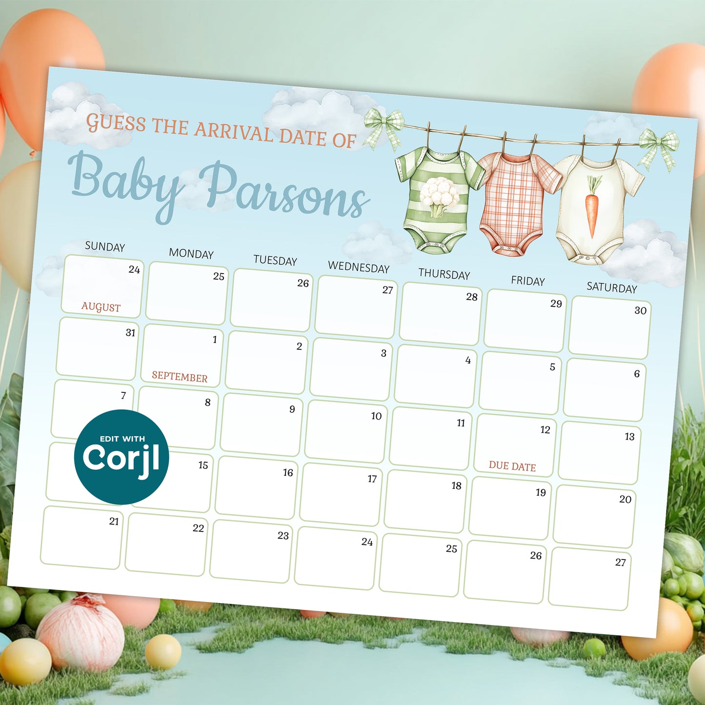 Farm theme baby shower prediction calendar sign locally grown baby shower game printable editable template