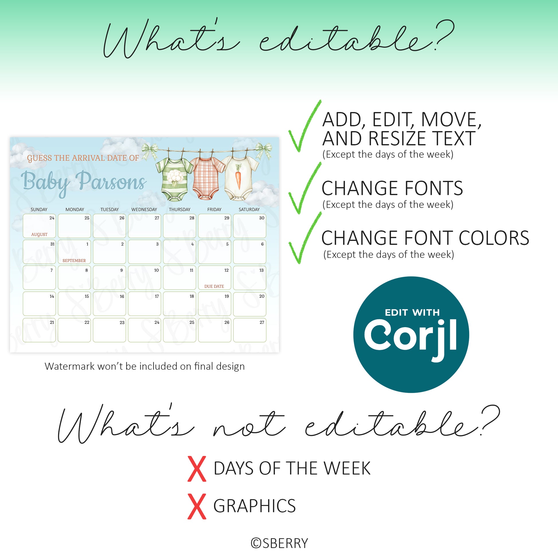 Editable baby shower prediction game template showing customizable text fonts colors Corjl printable calendar