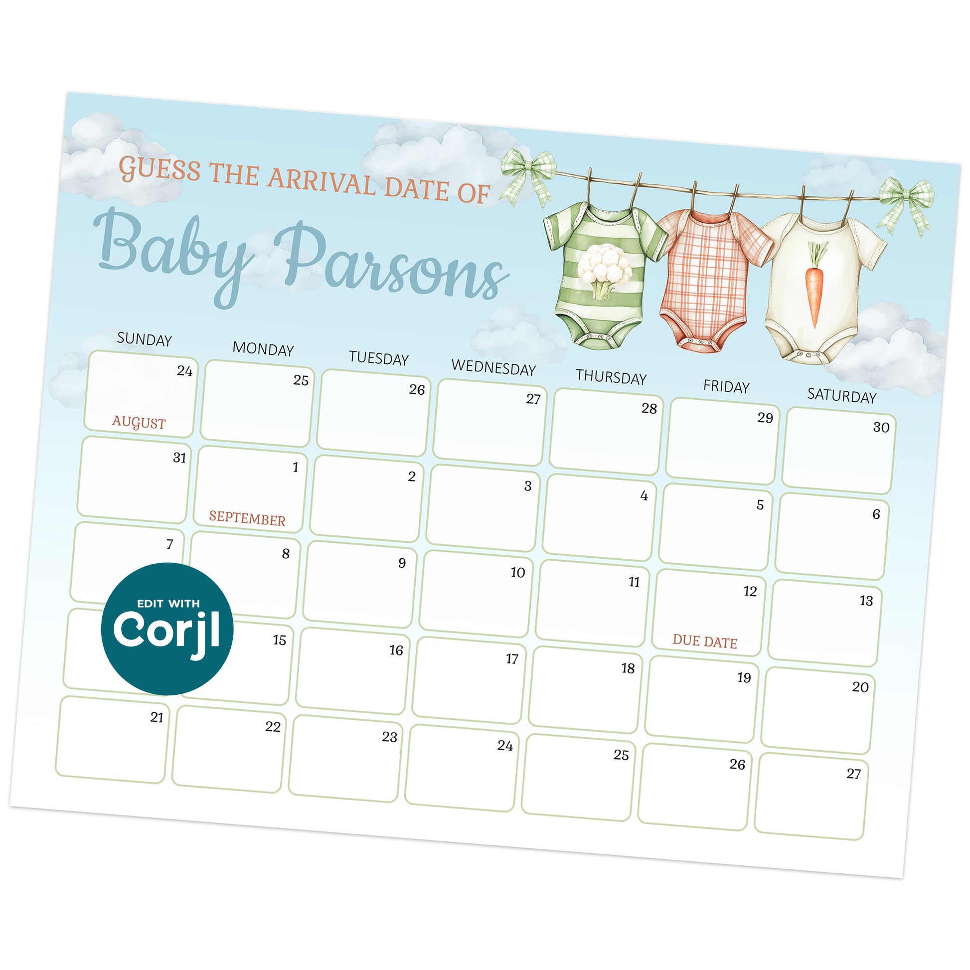 Printable baby shower prediction calendar farm theme guess baby due date game sign editable download