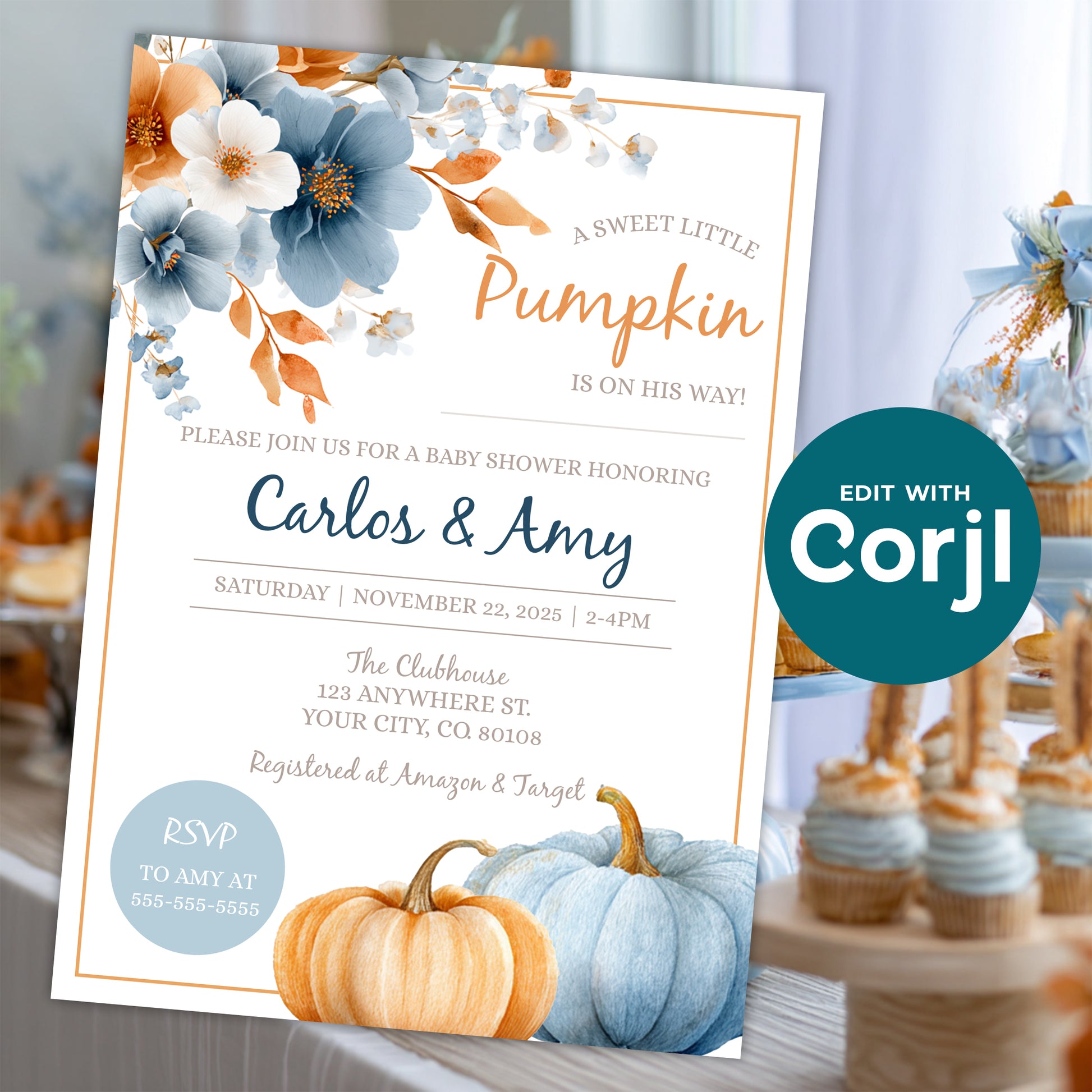 Fall baby shower invitation pumpkin theme blue floral baby boy shower invite printable decor setup