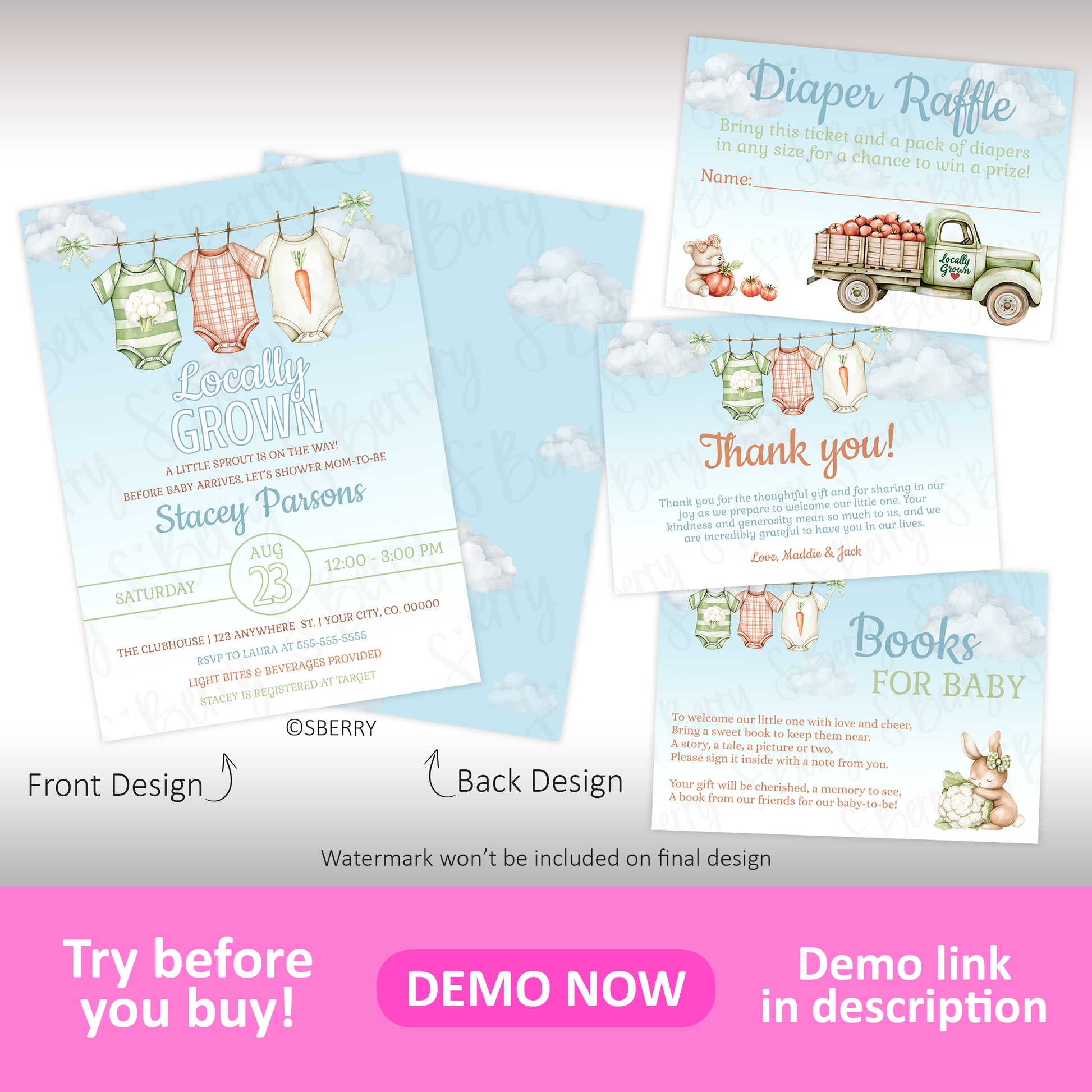 Baby shower invitation bundle with locally grown theme including invite diaper raffle books for baby and thank you card editable template
