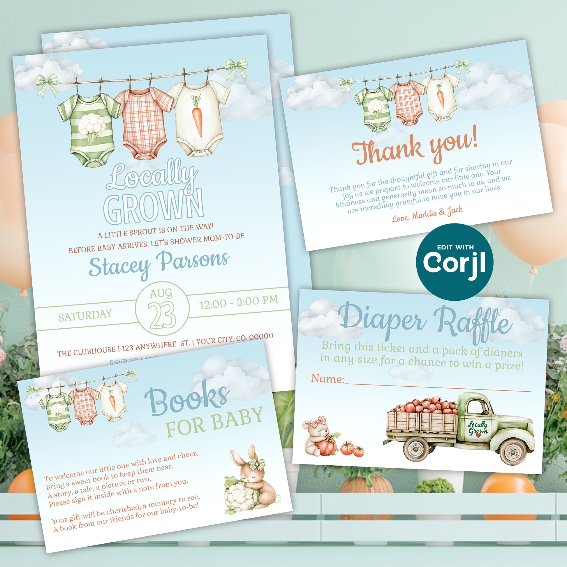 Locally grown baby shower invitation set with farm theme including diaper raffle books for baby and thank you cards editable Corjl template