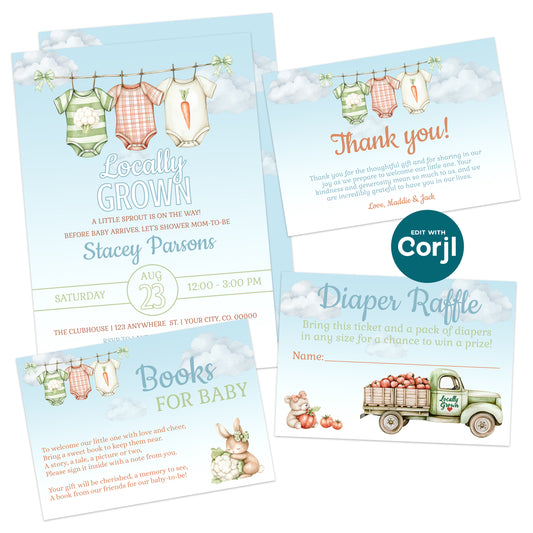 Printable baby shower invitation bundle with vegetable theme including invite diaper raffle books for baby and thank you card editable template