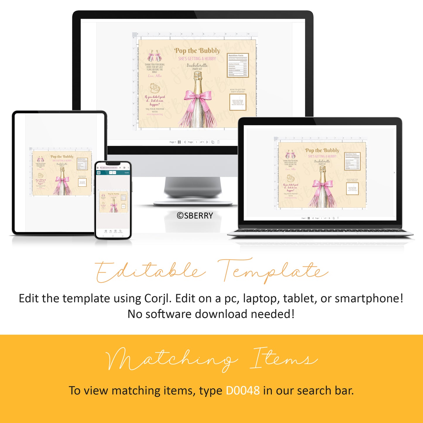 Editable champagne bachelorette chip bag template shown on phone, tablet, and desktop using Corjl, “Pop the Bubbly She’s Getting a Hubby” design