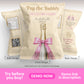 Champagne themed bachelorette chip bag design with pink bow bottle, front and back layout, customizable “Pop the Bubbly She’s Getting a Hubby” party favor
