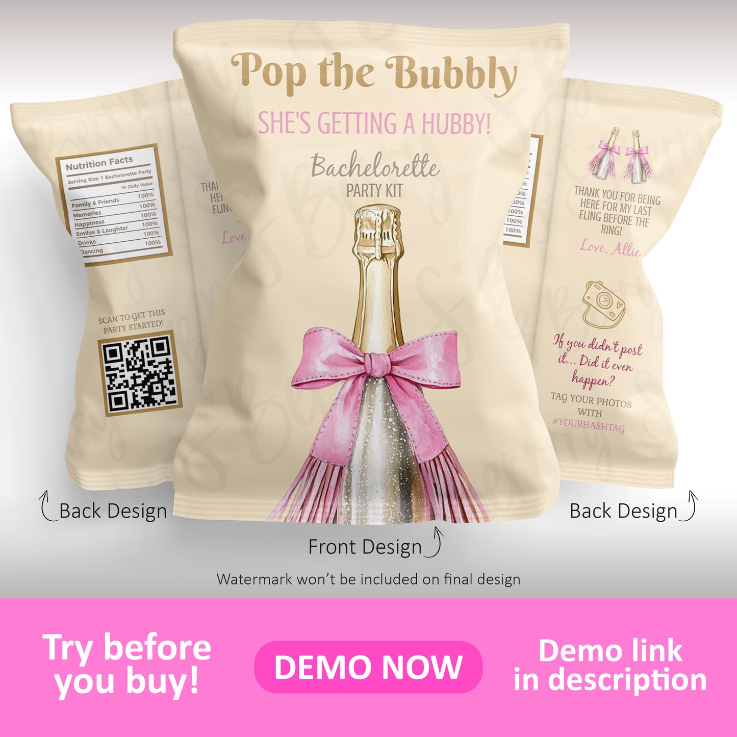 Champagne themed bachelorette chip bag design with pink bow bottle, front and back layout, customizable “Pop the Bubbly She’s Getting a Hubby” party favor