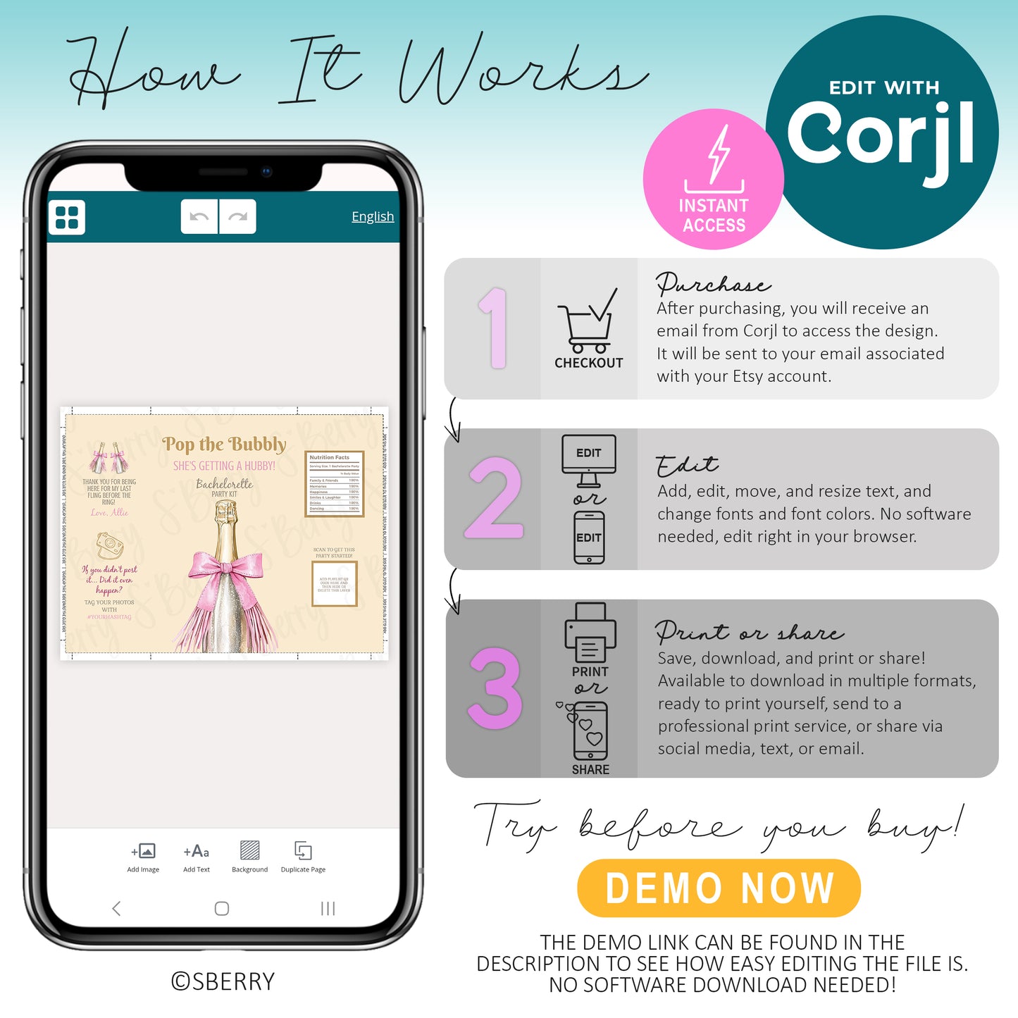 How to edit Corjl template infographic showing steps to purchase, customize, and download champagne bachelorette chip bag design