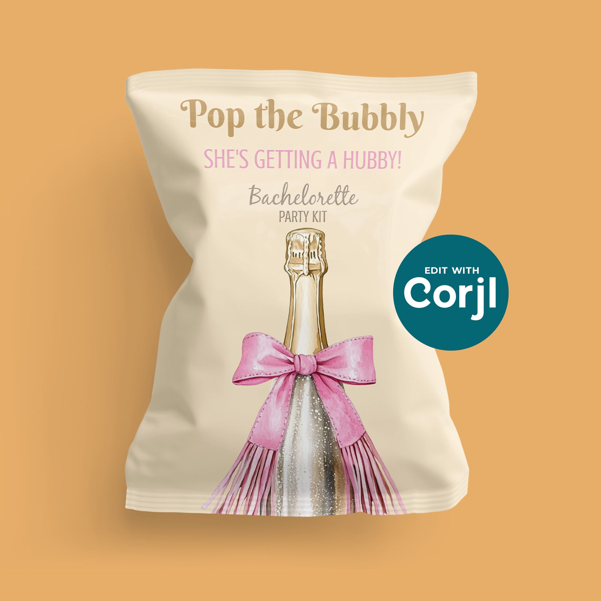 Champagne bottle bachelorette chip bag mockup with pink bow, “Pop the Bubbly” party favor template editable in Corjl