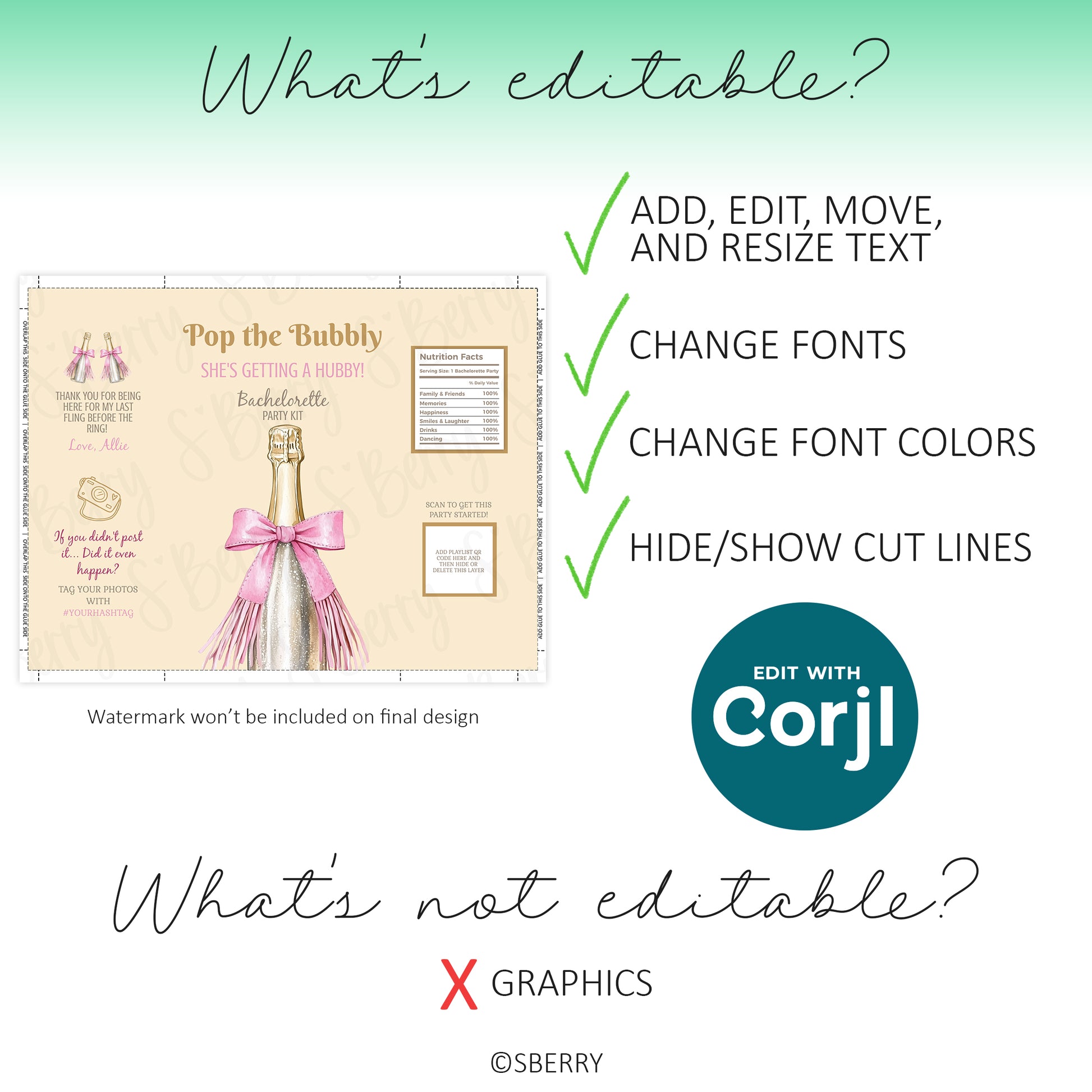 Editable template features showing text customization, font and color changes, and non-editable graphics for champagne bachelorette chip bag
