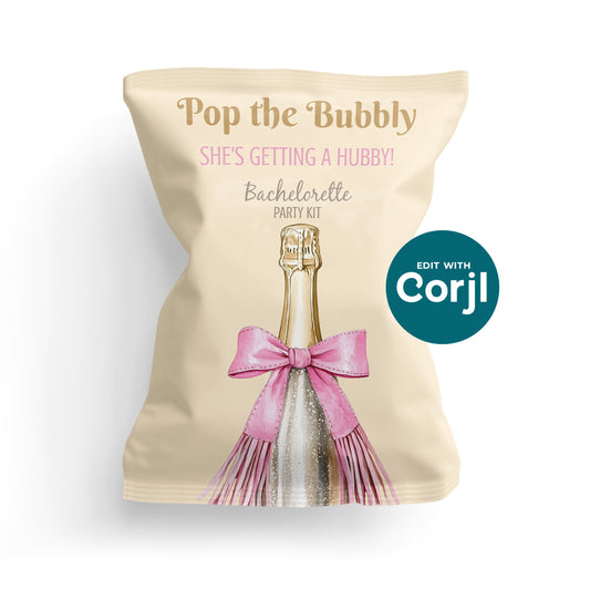 White background mockup of champagne themed bachelorette chip bag with pink bow bottle design, editable party favor template