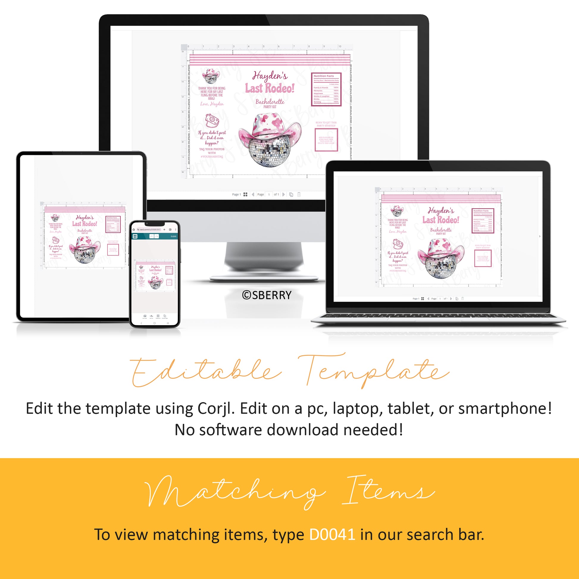 Editable bachelorette chip bag template shown on phone, tablet, and computer using Corjl, pink cowgirl disco theme party favor design
