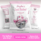 Pink cowgirl disco bachelorette chip bag design with “Last Rodeo” theme, front and back layout with customizable text and QR code