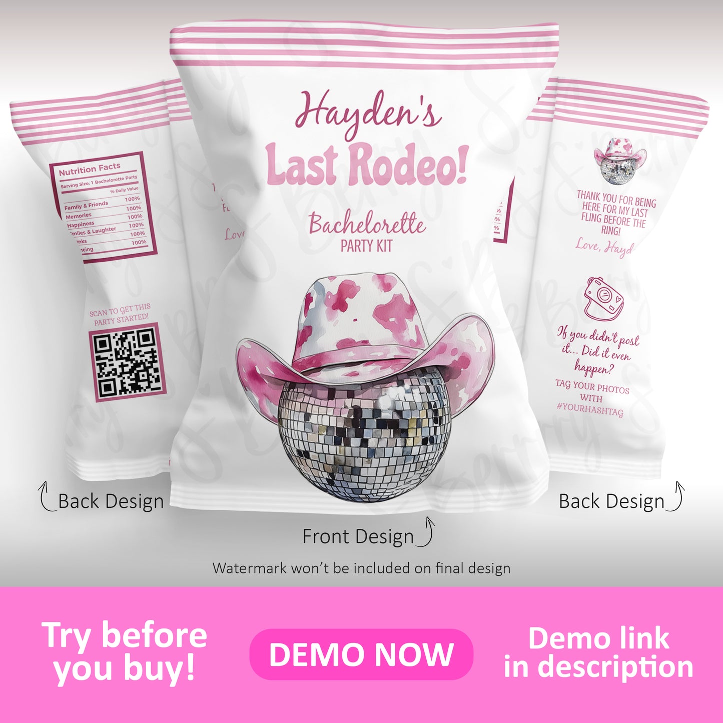 Pink cowgirl disco bachelorette chip bag design with “Last Rodeo” theme, front and back layout with customizable text and QR code