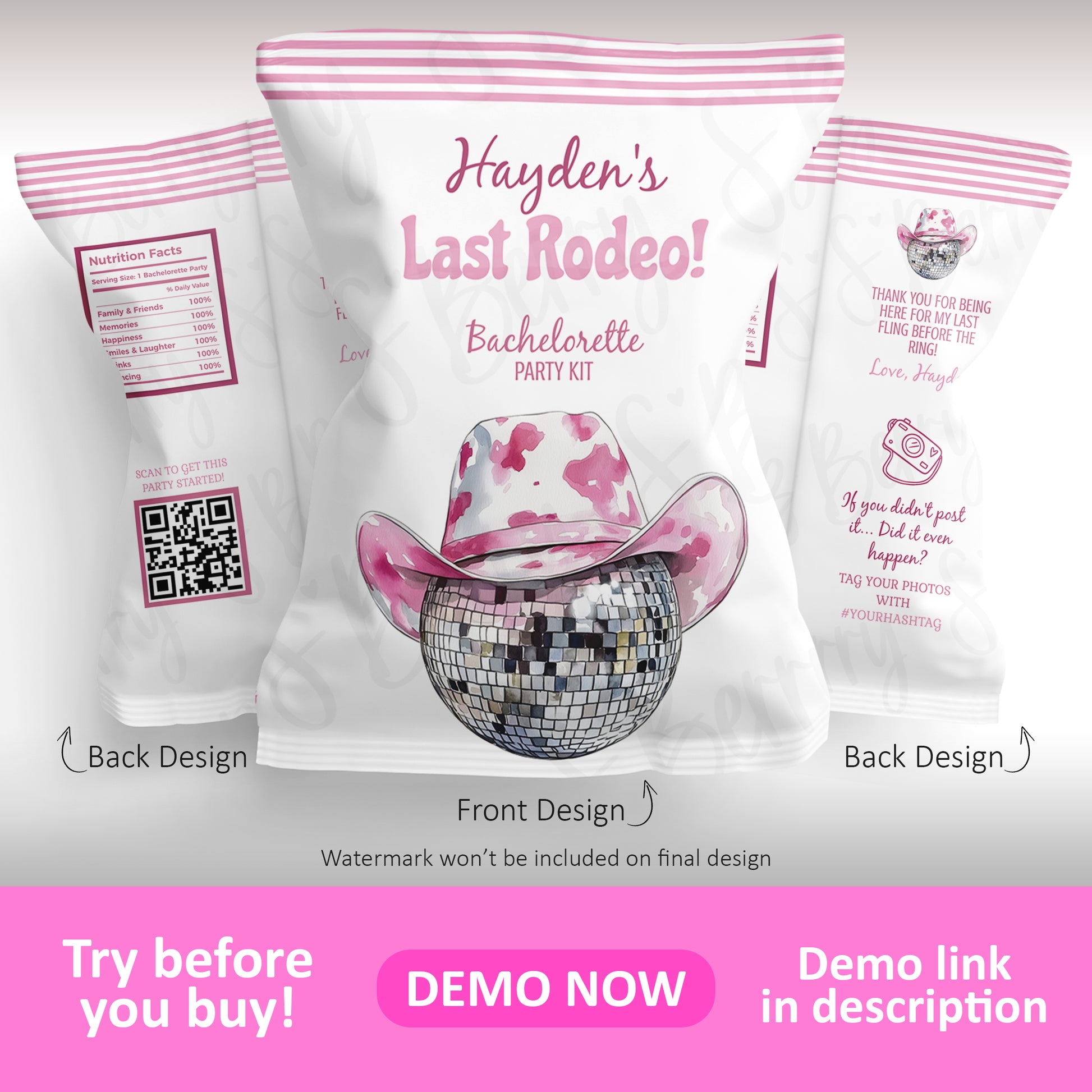 Pink cowgirl disco bachelorette chip bag design with “Last Rodeo” theme, front and back layout with customizable text and QR code