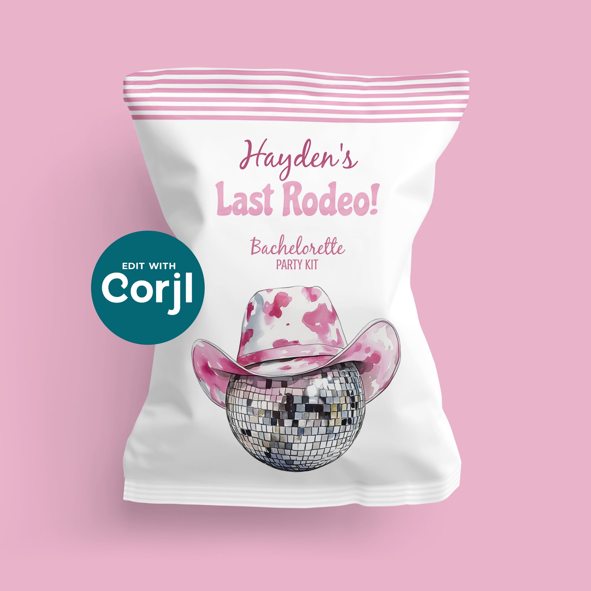 Pink cowgirl disco “Last Rodeo” bachelorette chip bag mockup with editable Corjl template for party favors