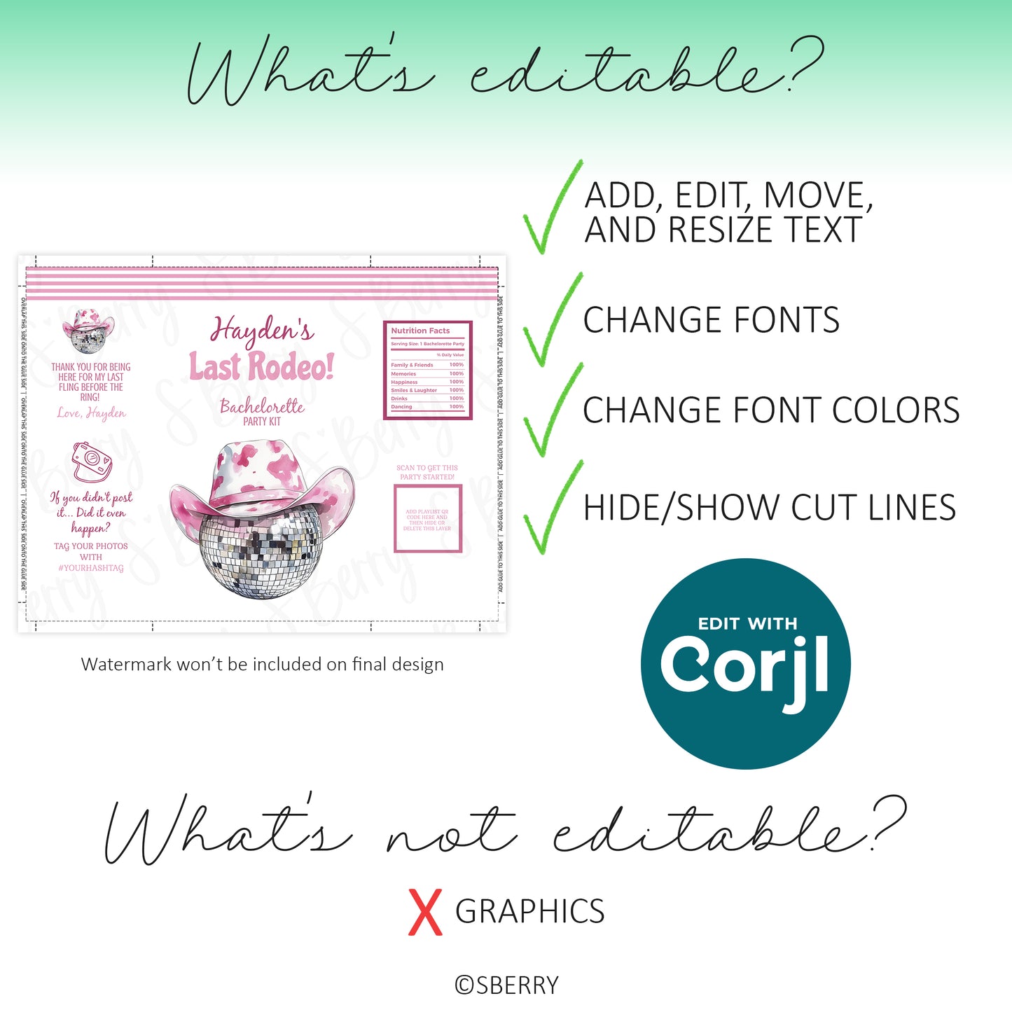 Editable template features showing text editing, font changes, color changes, and non-editable graphics for bachelorette chip bag design