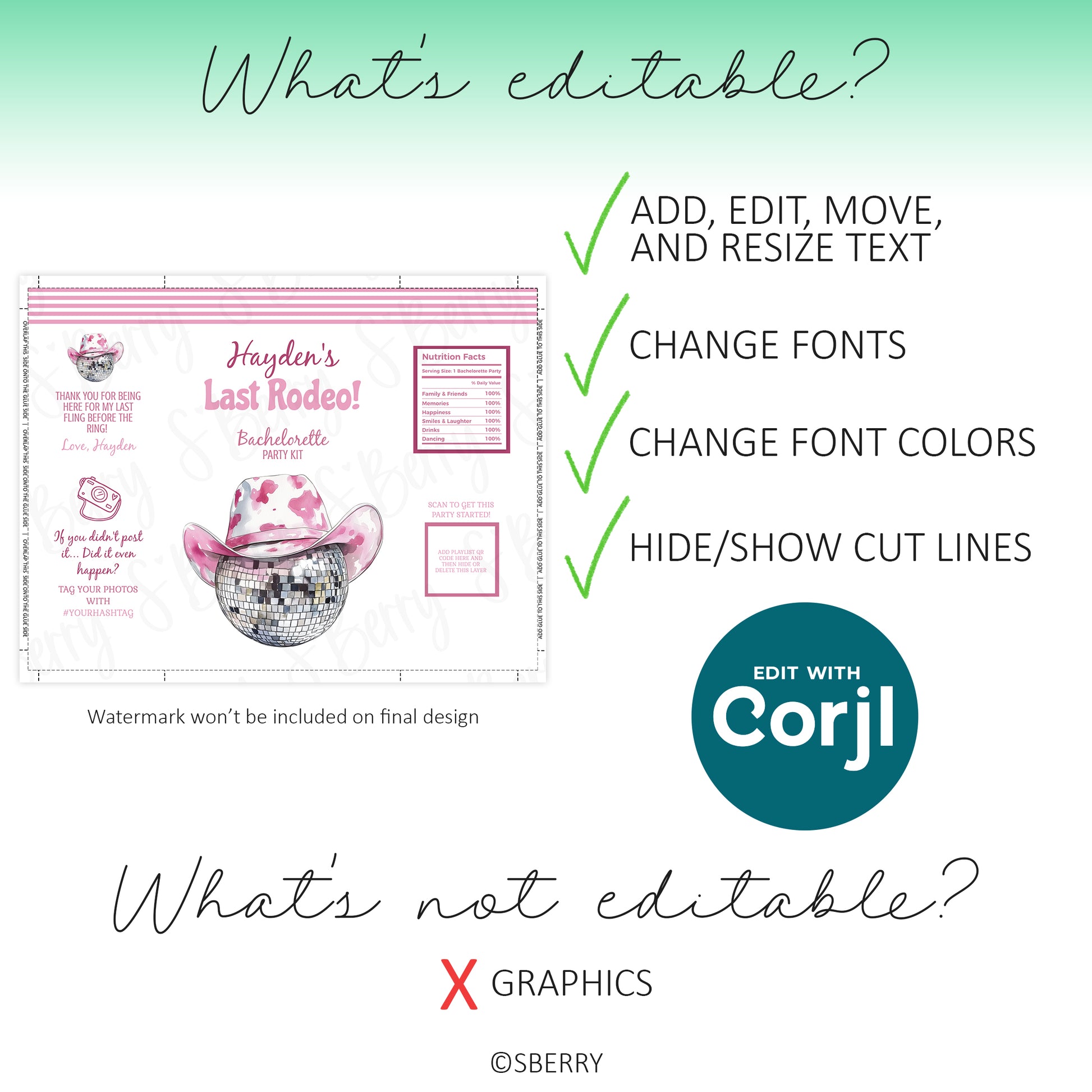 Editable template features showing text editing, font changes, color changes, and non-editable graphics for bachelorette chip bag design
