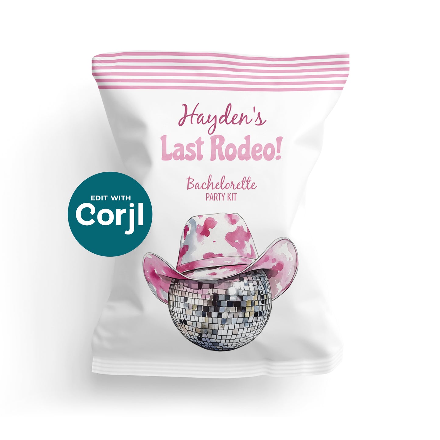 White background mockup of pink cowgirl disco bachelorette chip bag with disco ball and cowboy hat design, editable party favor template