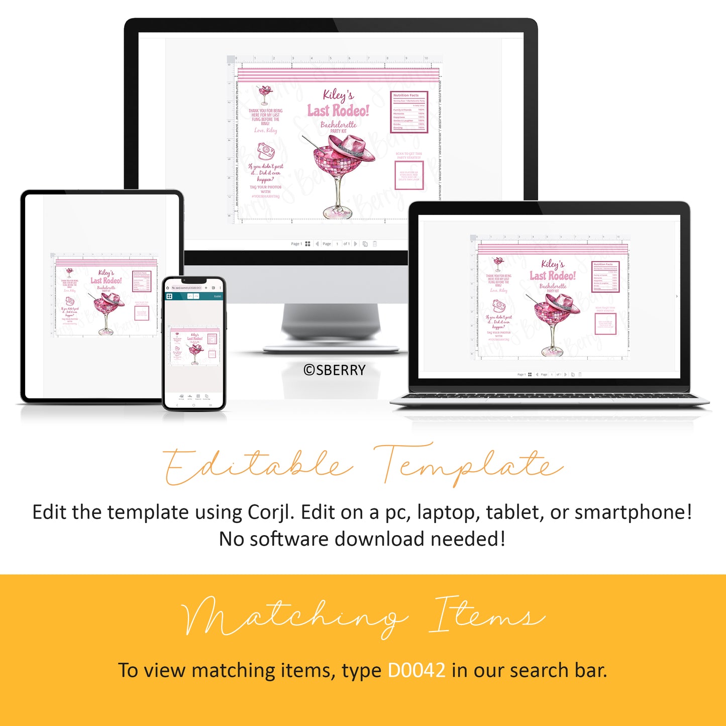 Editable “Last Rodeo” bachelorette party chip bag template displayed on desktop, tablet, and smartphone, featuring pink disco margarita glass and cowgirl hat design, Corjl instant download.
