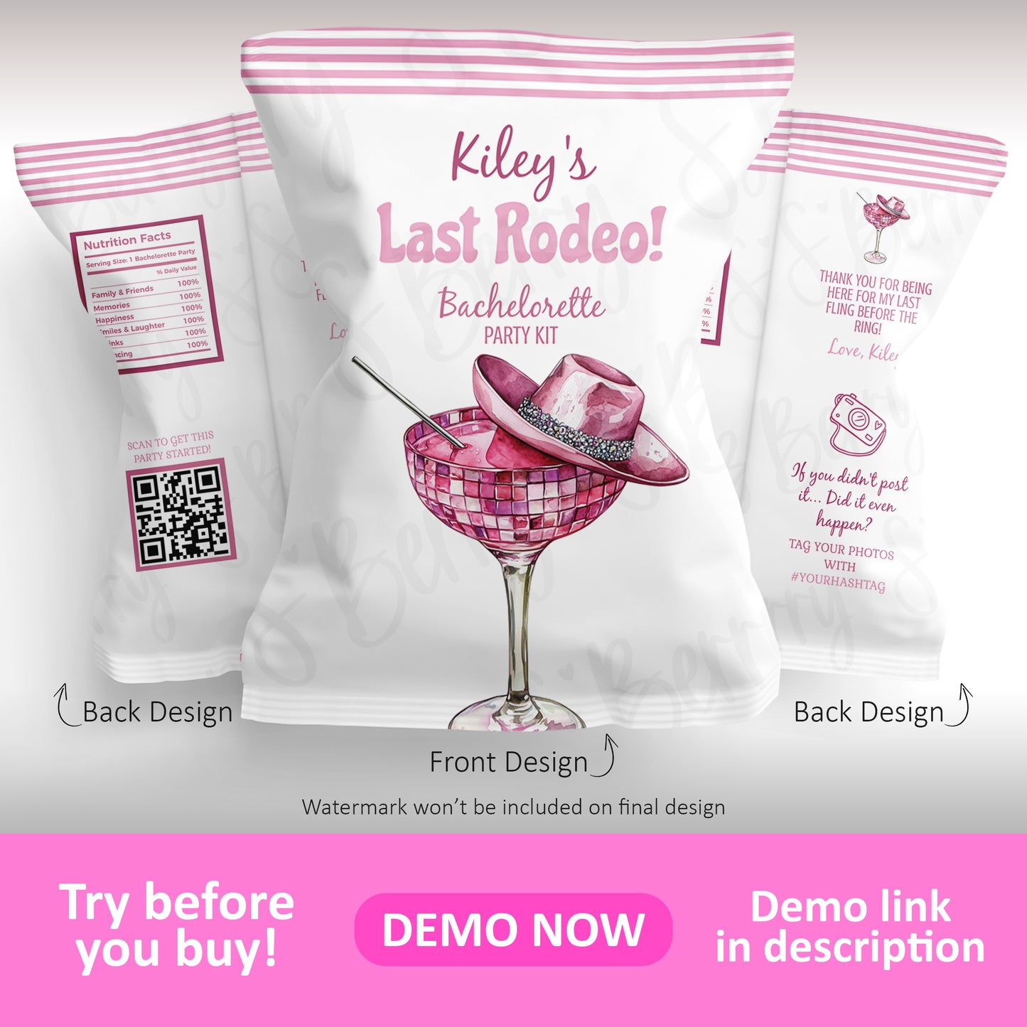 Last Rodeo bachelorette party chip bag template front and back design with pink margarita glass, cowgirl hat, QR code, and customizable text for western bridal party favors.