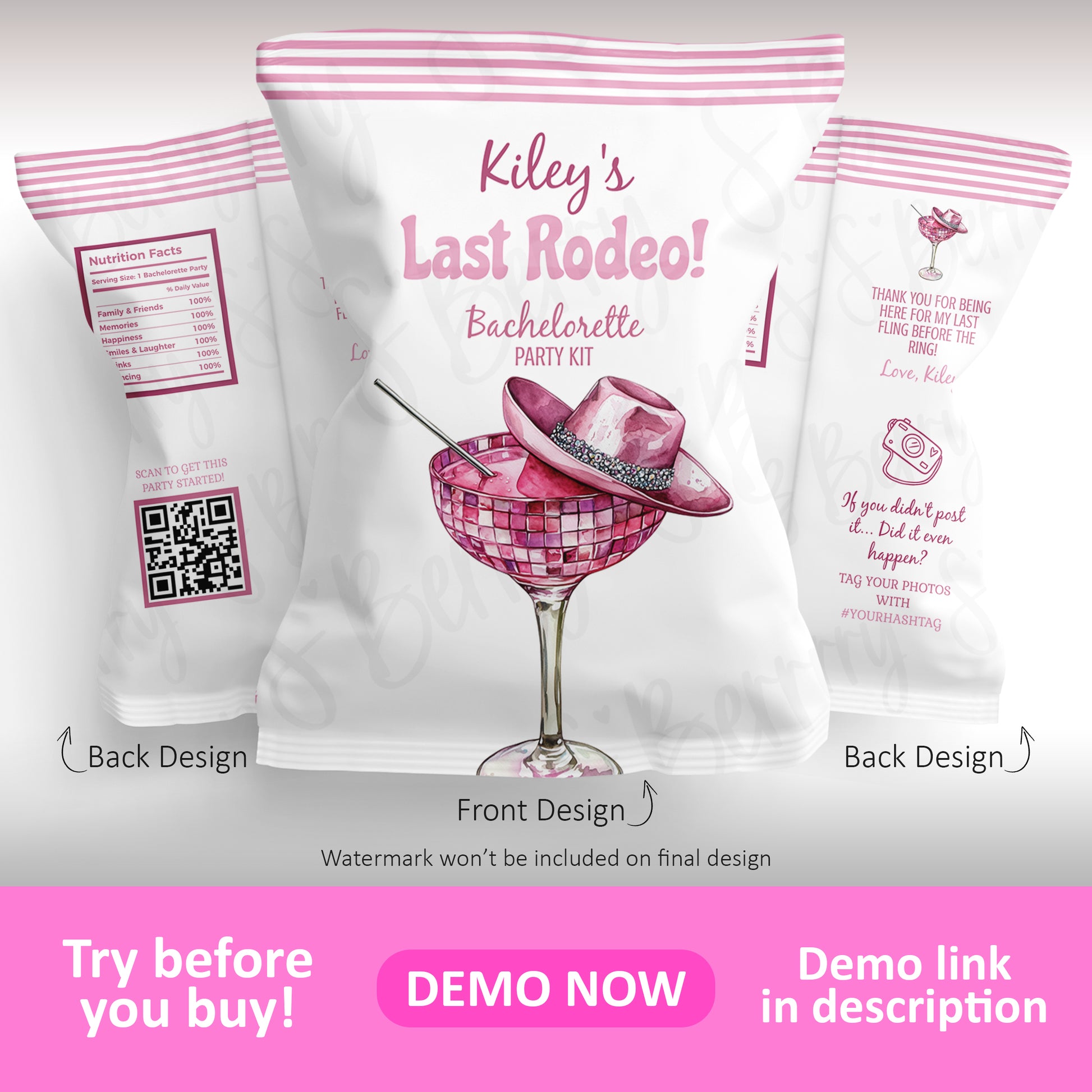 Last Rodeo bachelorette party chip bag template front and back design with pink margarita glass, cowgirl hat, QR code, and customizable text for western bridal party favors.
