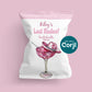 Personalized Last Rodeo bachelorette party chip bag mockup with pink disco margarita glass and cowgirl hat, editable western bridal party favor template.