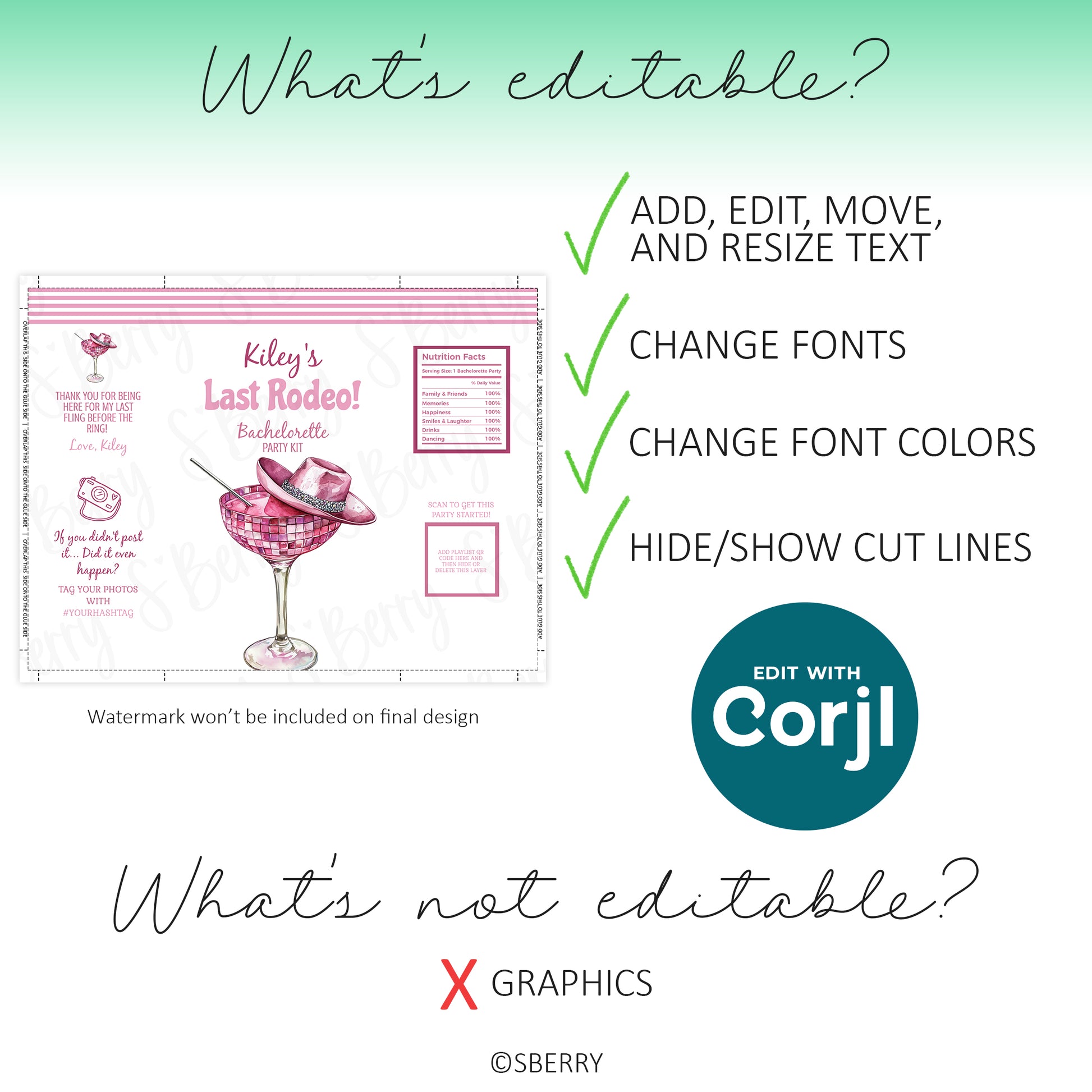 Editable Last Rodeo chip bag template features including customizable text, font styles, color changes, and non-editable graphics using Corjl.