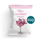 Last Rodeo bachelorette party chip bag template on white background with pink margarita glass and cowgirl hat design, editable western party favor download.