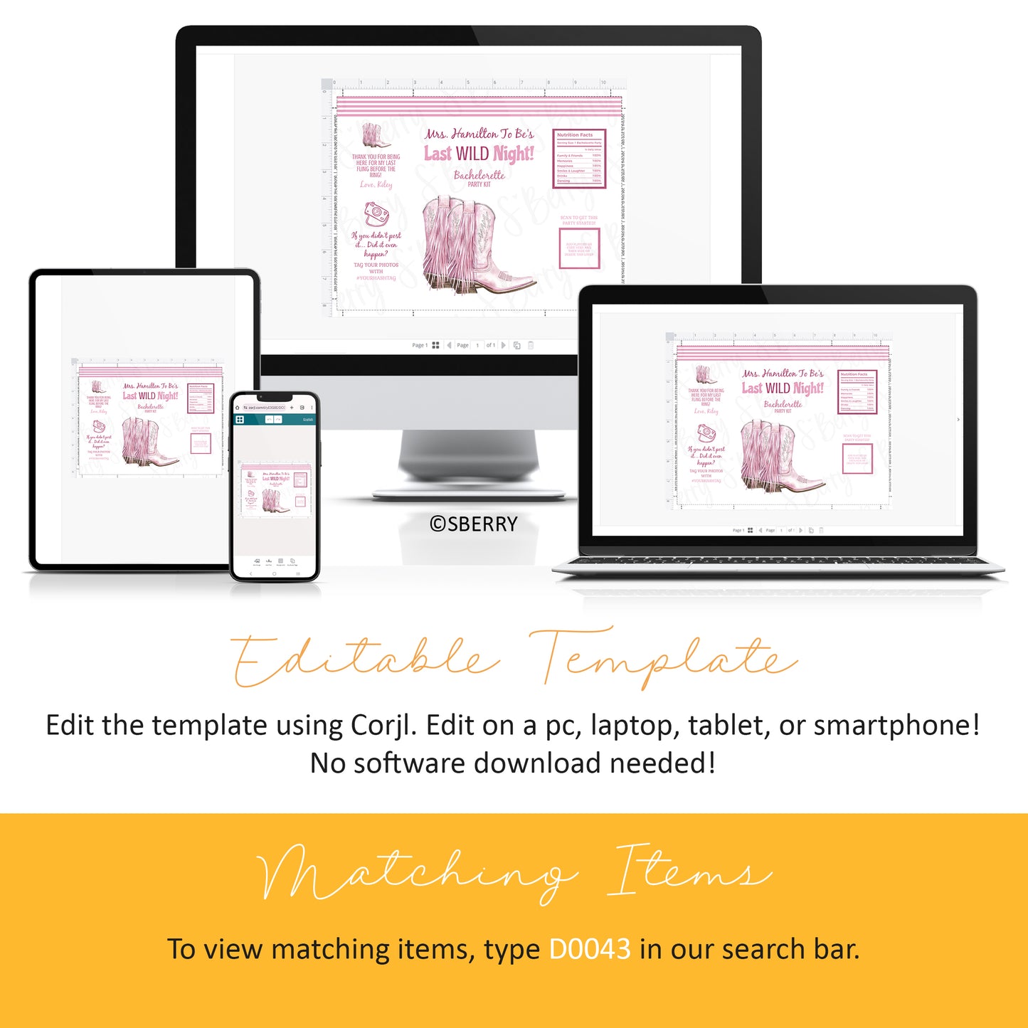 Editable bachelorette party chip bag template displayed on desktop, tablet, and smartphone, featuring pink cowgirl boots design and “Last Wild Night” theme, Corjl instant download.