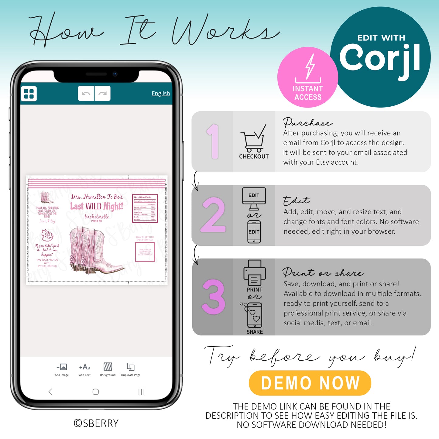 Step-by-step instructions showing how to edit bachelorette party chip bag template in Corjl, including instant access, customizing text, and downloading printable party favor.