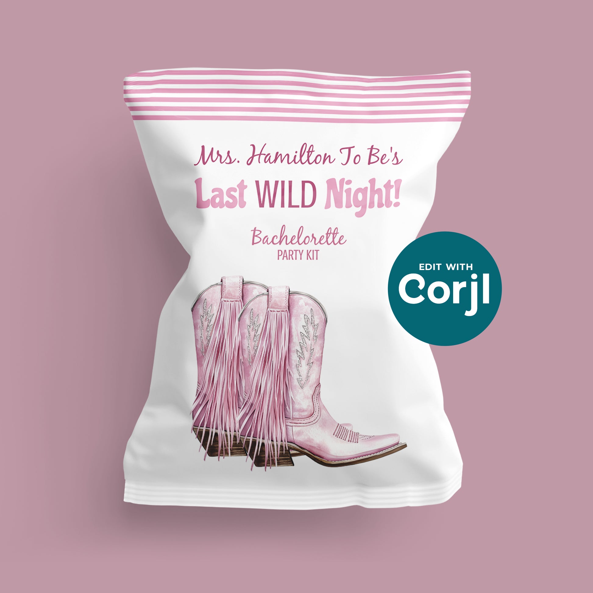 Personalized bachelorette party chip bag mockup with pink cowgirl boots and “Last Wild Night” theme, editable bridal party favor template.
