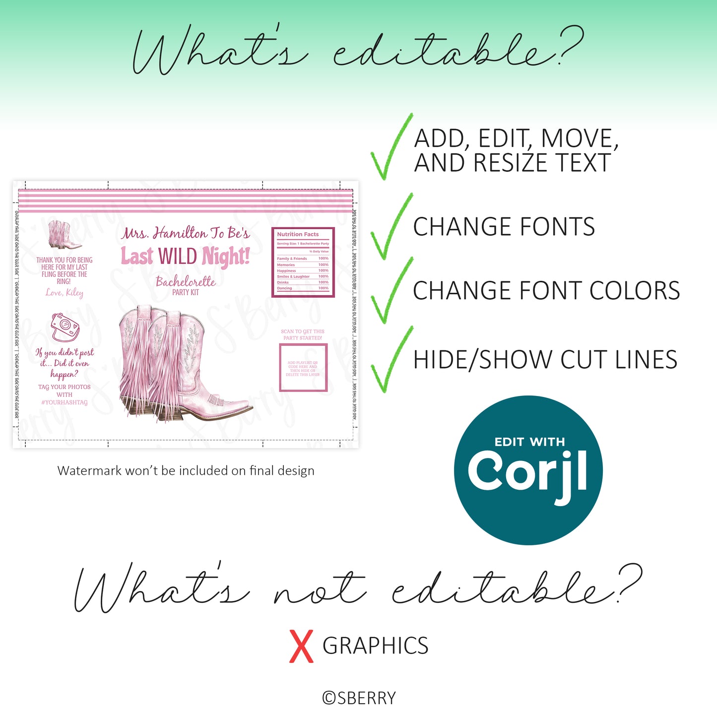 Editable bachelorette chip bag template features including customizable text areas, font and color changes, and non-editable graphics using Corjl.