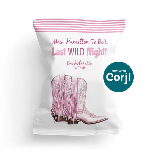 Bachelorette party chip bag template on white background with pink cowgirl boots and “Last Wild Night” design, editable bridal shower party favor download.