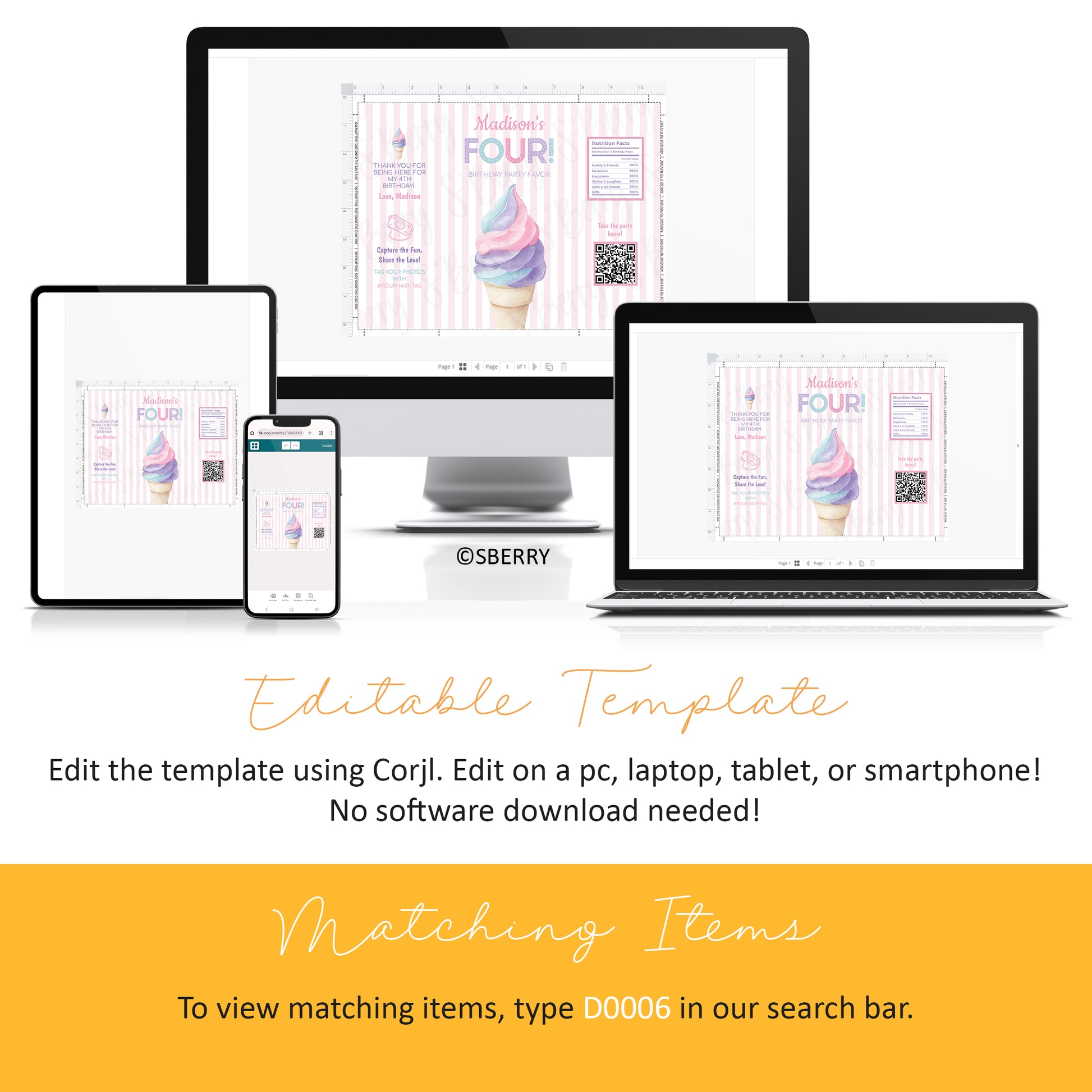 Editable ice cream birthday chip bag template displayed on desktop, tablet, and smartphone, featuring pink striped background and pastel soft serve cone design, Corjl instant download.