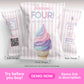 Pink ice cream birthday party chip bag template front and back design with pastel stripes, soft serve cone illustration, QR code, and customizable text for kids birthday favors.