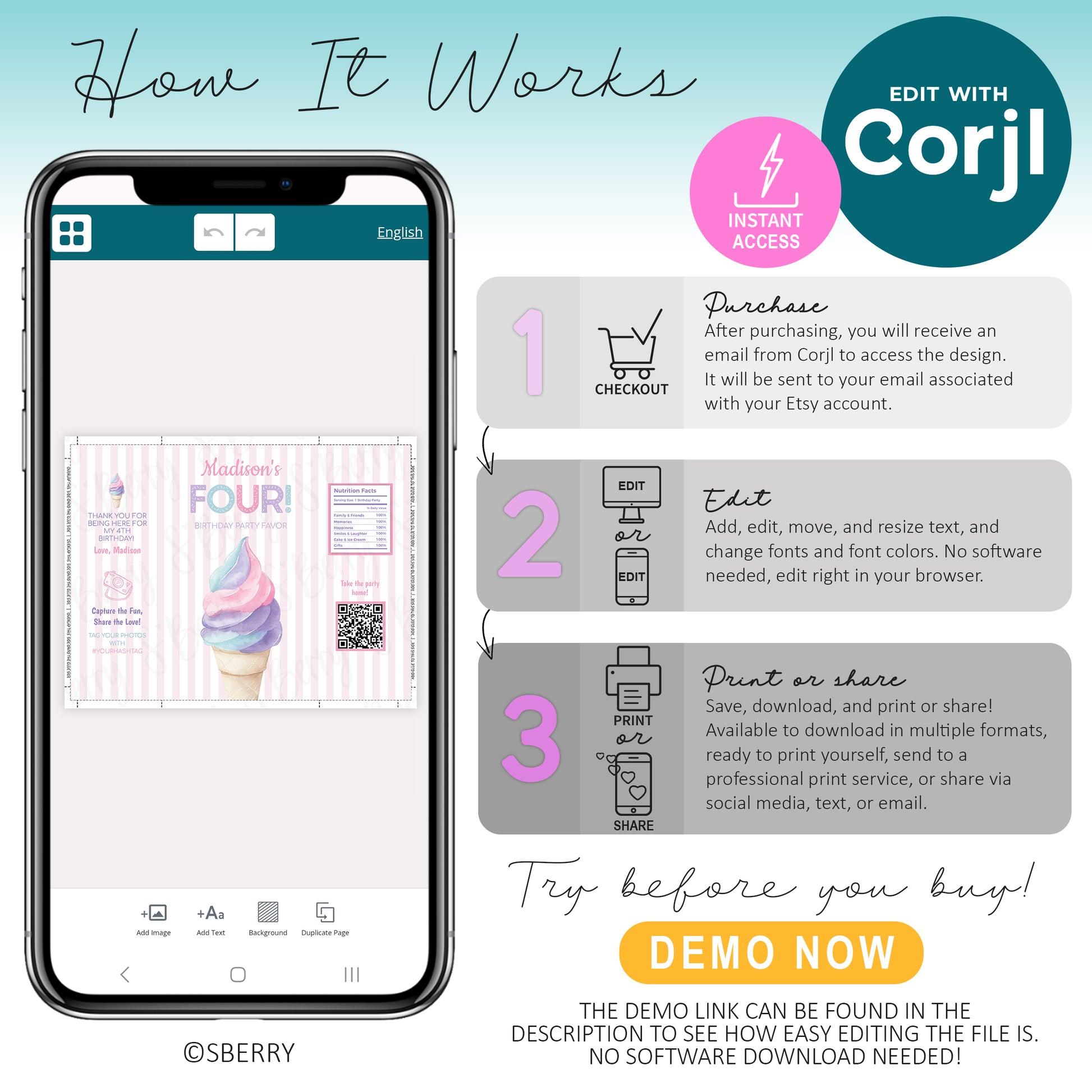 Step-by-step guide showing how to edit birthday chip bag template in Corjl, including instant access, customizing text, and downloading printable party favor design.