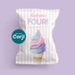 Personalized pink ice cream birthday chip bag mockup with pastel striped background and soft serve cone graphic, editable party favor template for kids birthday celebration.
