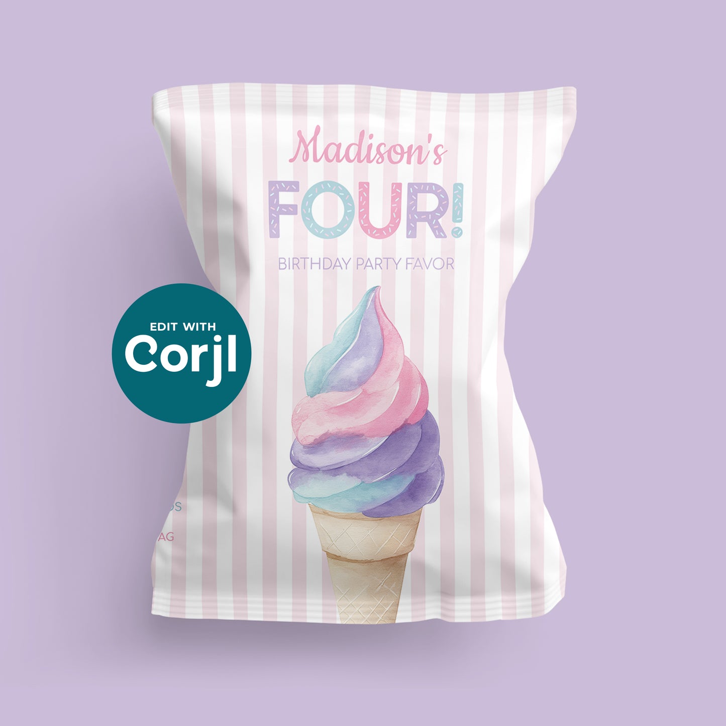 Personalized pink ice cream birthday chip bag mockup with pastel striped background and soft serve cone graphic, editable party favor template for kids birthday celebration.