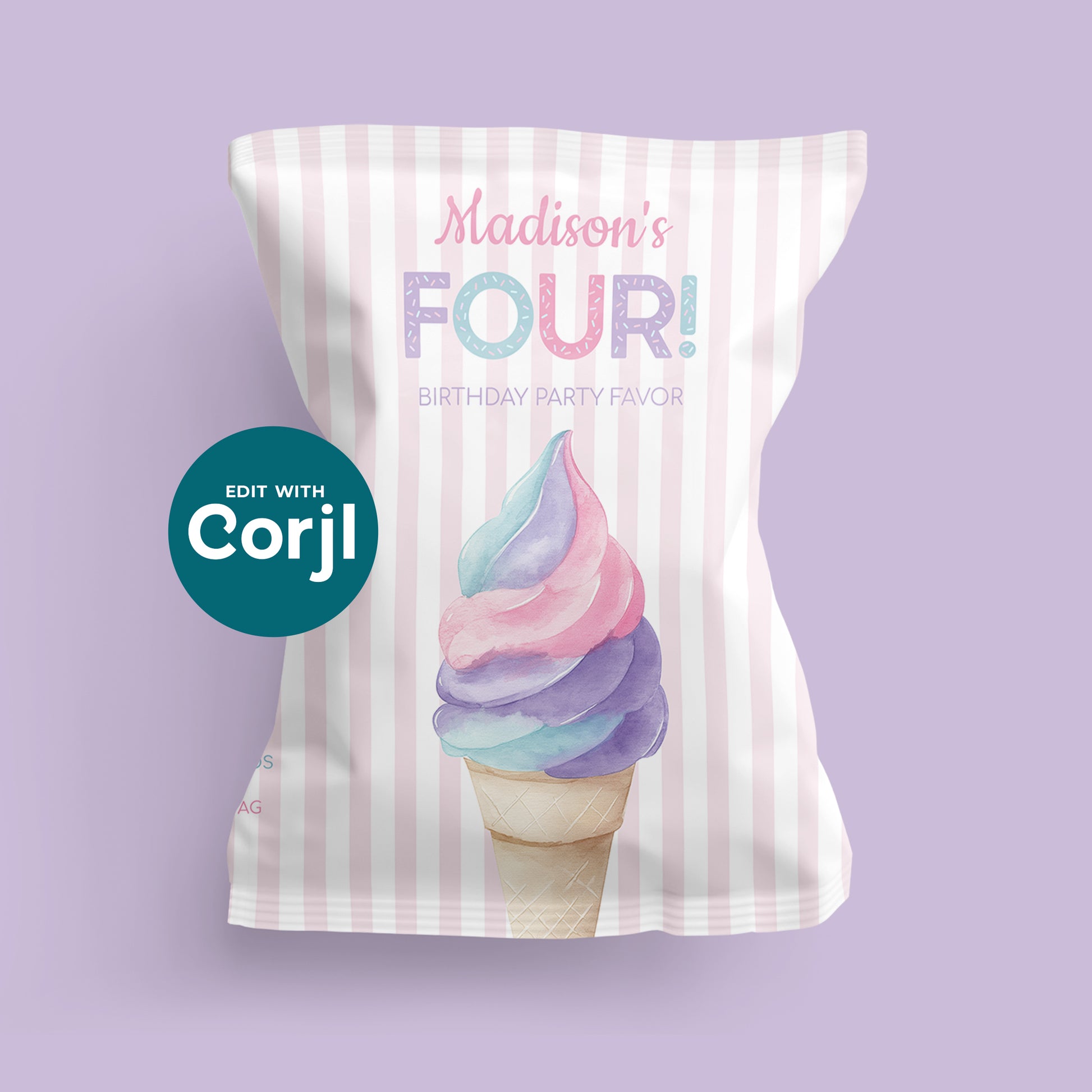 Personalized pink ice cream birthday chip bag mockup with pastel striped background and soft serve cone graphic, editable party favor template for kids birthday celebration.