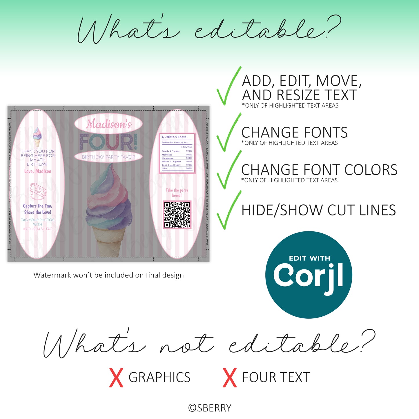 Editable birthday chip bag template showing customizable text areas, font and color changes, and non-editable graphics, designed for Corjl editing platform.