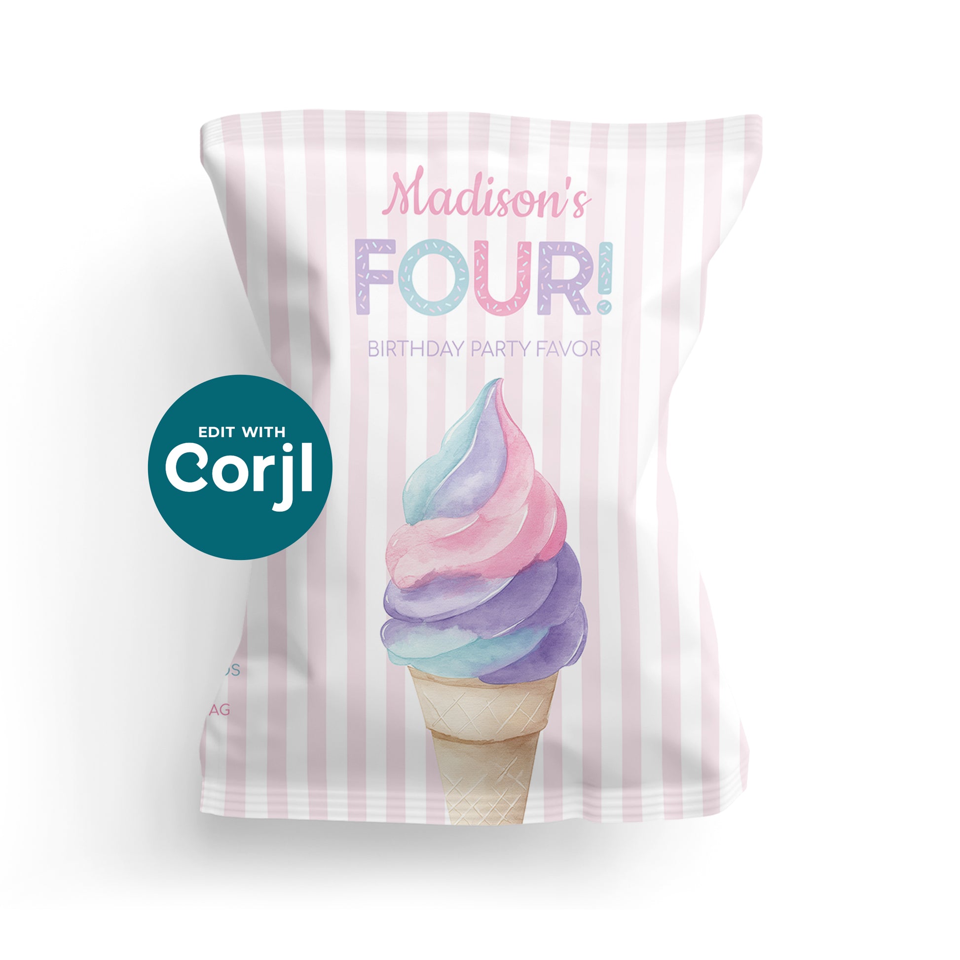 Pink ice cream themed birthday chip bag template on white background with pastel stripes and soft serve cone design, editable party favor packaging instant download.