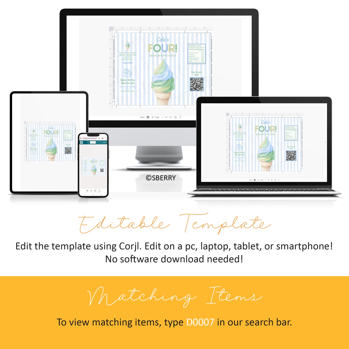 Editable ice cream birthday chip bag template displayed on desktop, tablet, and smartphone, featuring pastel striped background and soft serve cone design, Corjl instant download.