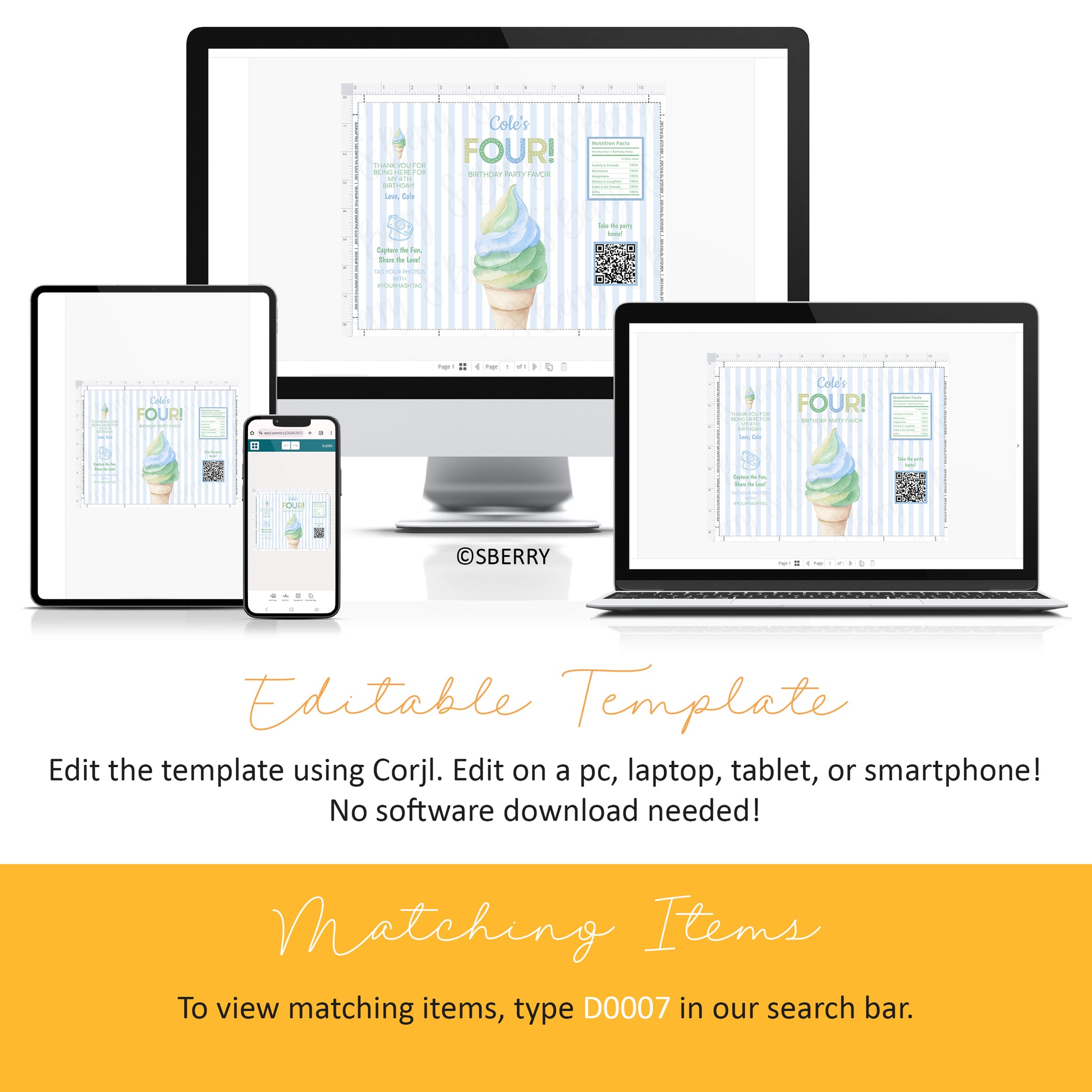 Editable ice cream birthday chip bag template displayed on desktop, tablet, and smartphone, featuring pastel striped background and soft serve cone design, Corjl instant download.