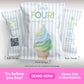Ice cream birthday party chip bag template front and back design with pastel blue stripes, soft serve cone illustration, QR code, and customizable text for kids birthday favors.