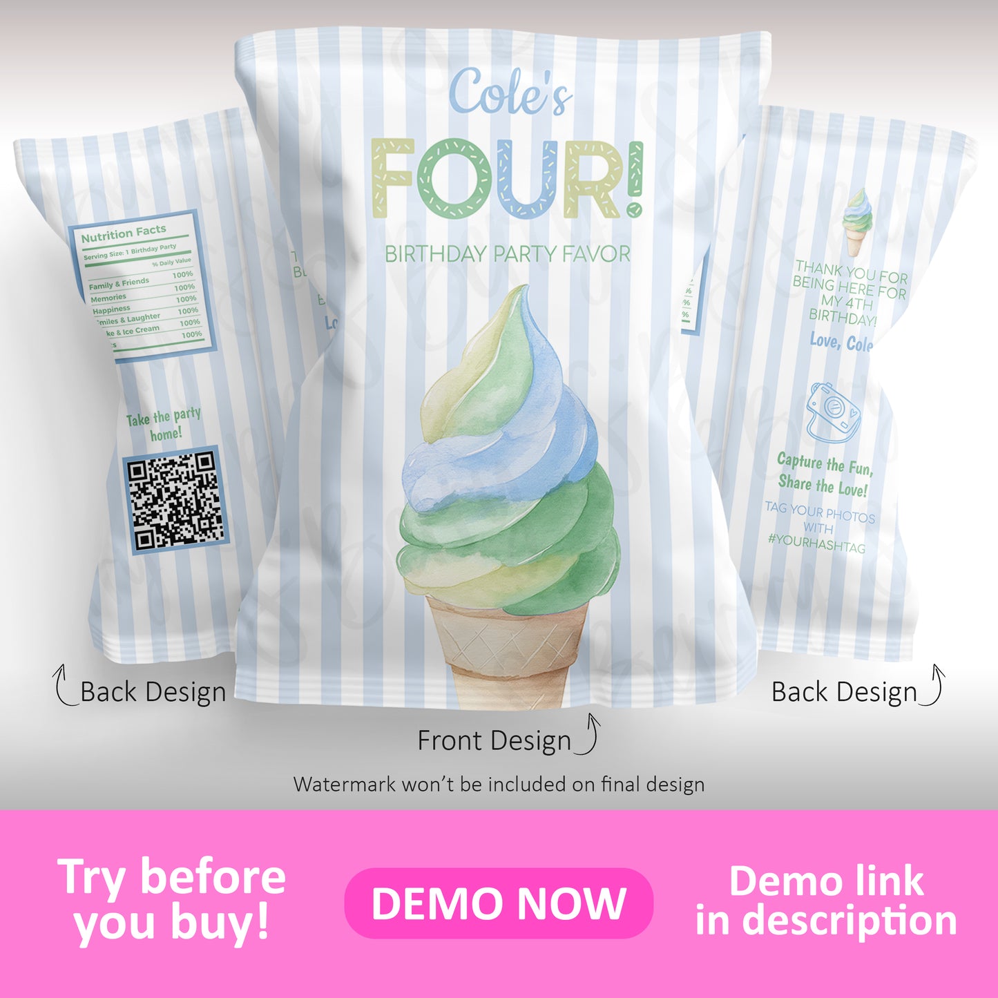 Ice cream birthday party chip bag template front and back design with pastel blue stripes, soft serve cone illustration, QR code, and customizable text for kids birthday favors.