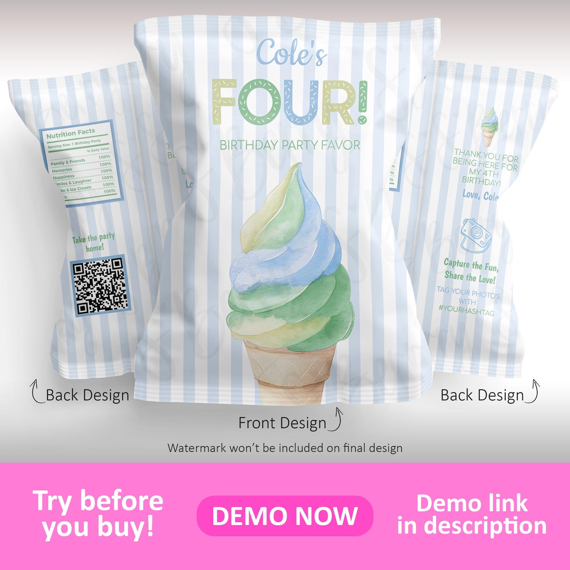 Ice cream birthday party chip bag template front and back design with pastel blue stripes, soft serve cone illustration, QR code, and customizable text for kids birthday favors.