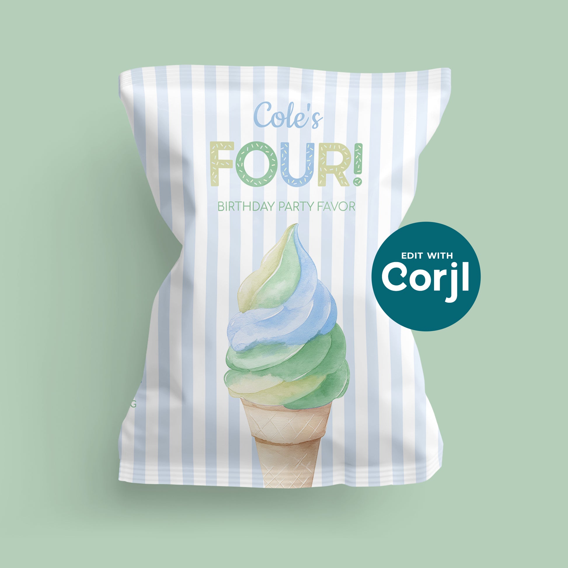 Personalized ice cream birthday chip bag mockup with pastel striped background and soft serve cone graphic, editable party favor template for kids birthday celebration.