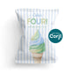Ice cream themed birthday chip bag template on white background with pastel stripes and soft serve cone design, editable party favor packaging instant download.