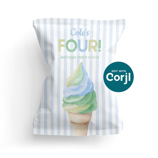 Ice cream themed birthday chip bag template on white background with pastel stripes and soft serve cone design, editable party favor packaging instant download.